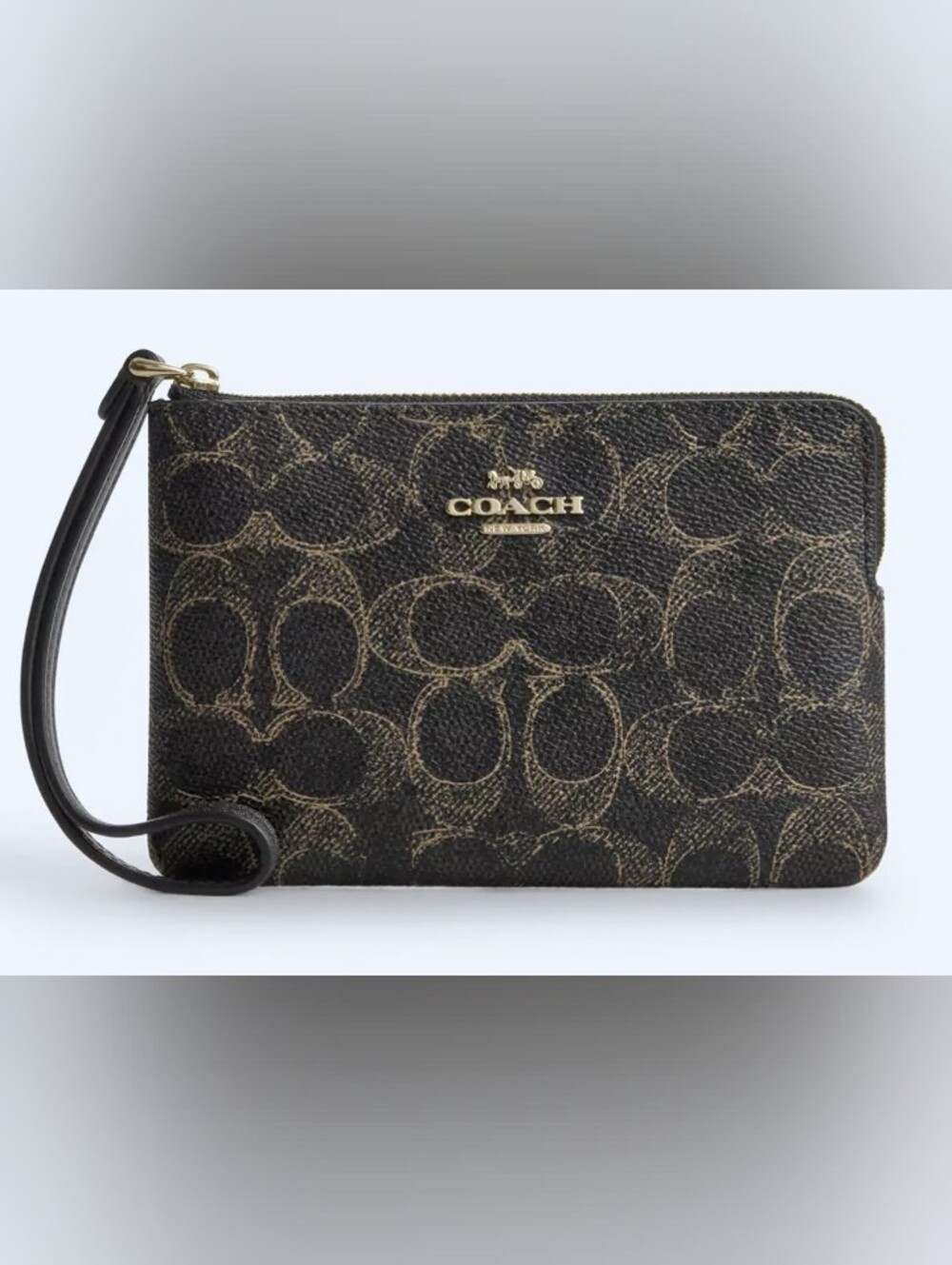 NWT Coach Corner Zip Wristlet - Black & Brushed Gold Signature Canvas w/ GHW